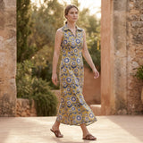 Mustard Floral Block Print Cotton Paneled Sleeveless Maxi Dress