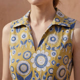 Mustard Floral Block Print Cotton Paneled Sleeveless Maxi Dress