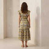 Mustard Floral Block Print Cotton Ruffle Midi Wrap Dress