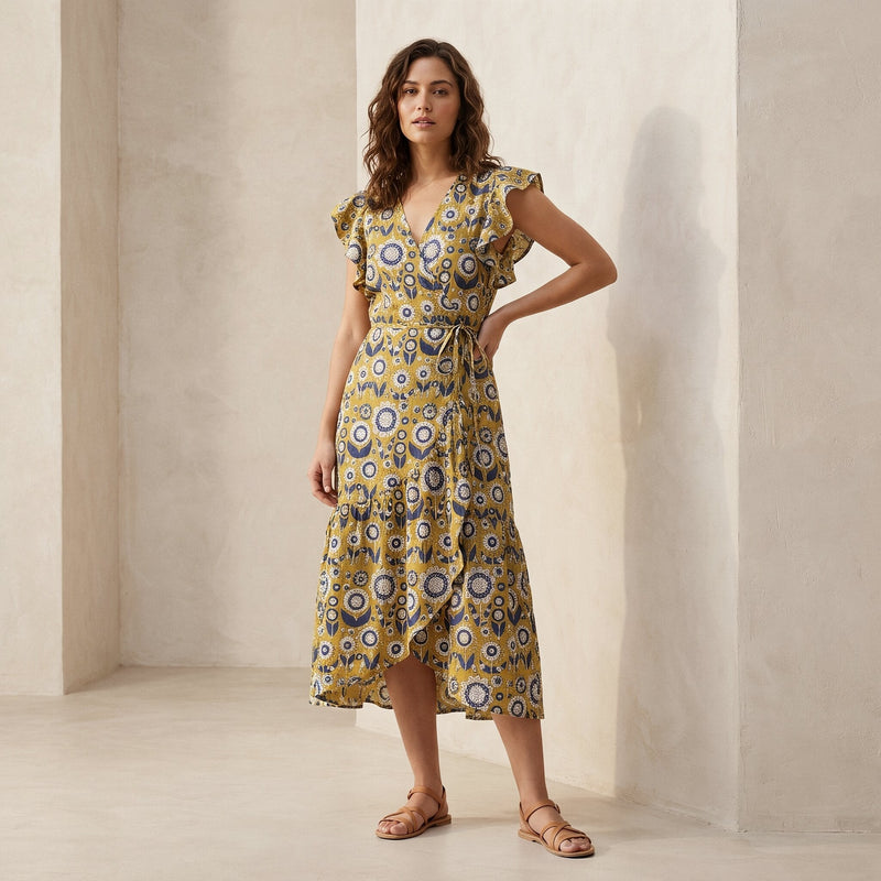 mustard midi dress Buy Mustard Floral Block Print Cotton Ruffle Midi Wrap Dress Online at  SeamsFriendly