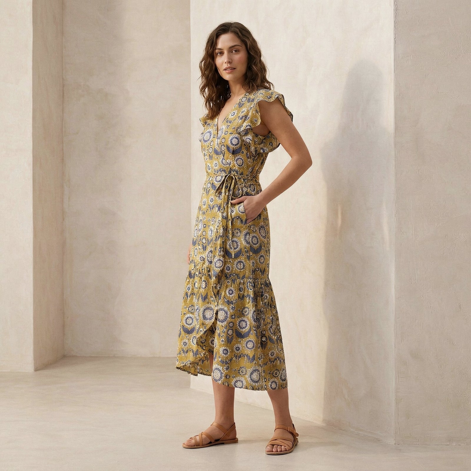 Mustard Floral Block Print Cotton Ruffle Midi Wrap Dress 36