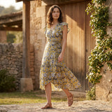 Mustard Floral Block Print Cotton Ruffle Midi Wrap Dress