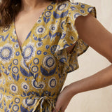 Mustard Floral Block Print Cotton Ruffle Midi Wrap Dress