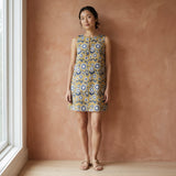 Mustard Floral Block Print Cotton Sleeveless A-Line Short Shift Dress