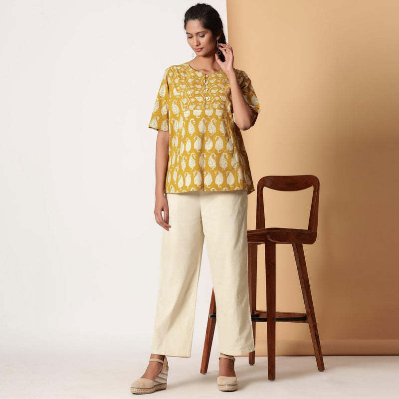 Mustard Floral Block Printed Cotton Princess Line Top