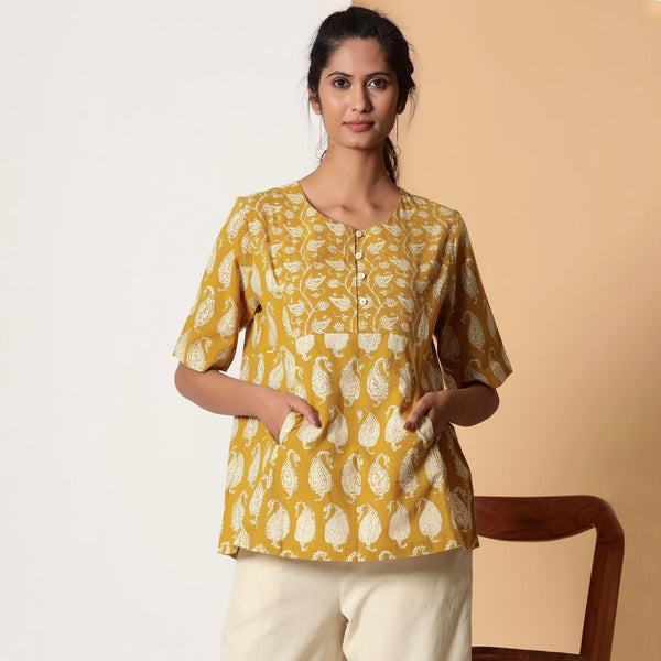 Mustard Floral Block Printed Cotton Princess Line Top