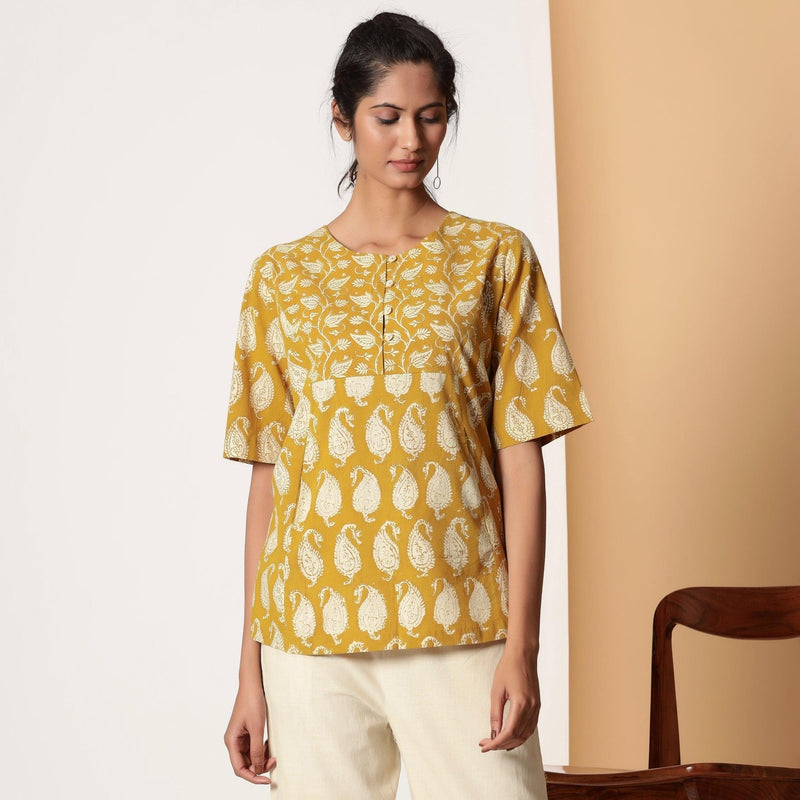 Mustard Floral Block Printed Cotton Princess Line Top