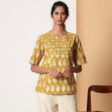 Mustard Floral Block Printed Cotton Princess Line Top