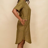 Right Detail of a Model wearing Mustard Gold 100% Cotton Khadi Knee Length Dress