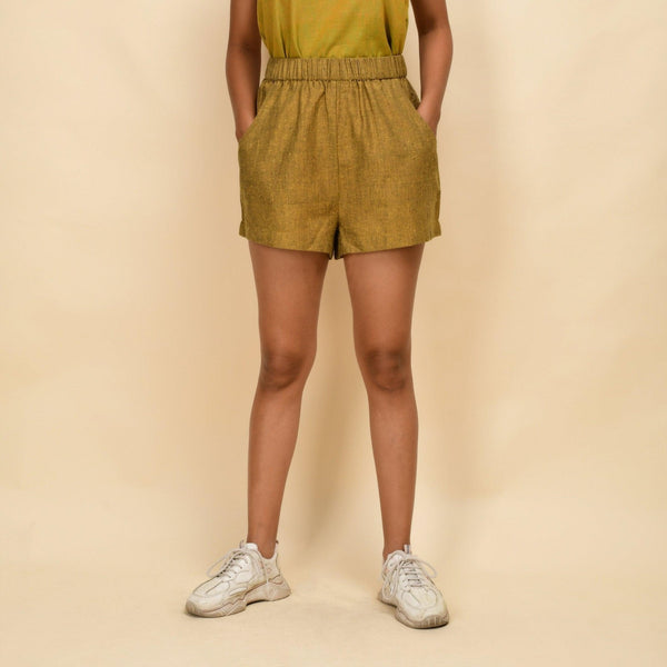 Front View of a Model wearing Musturd Gold 100% Cotton Khadi Short Shorts