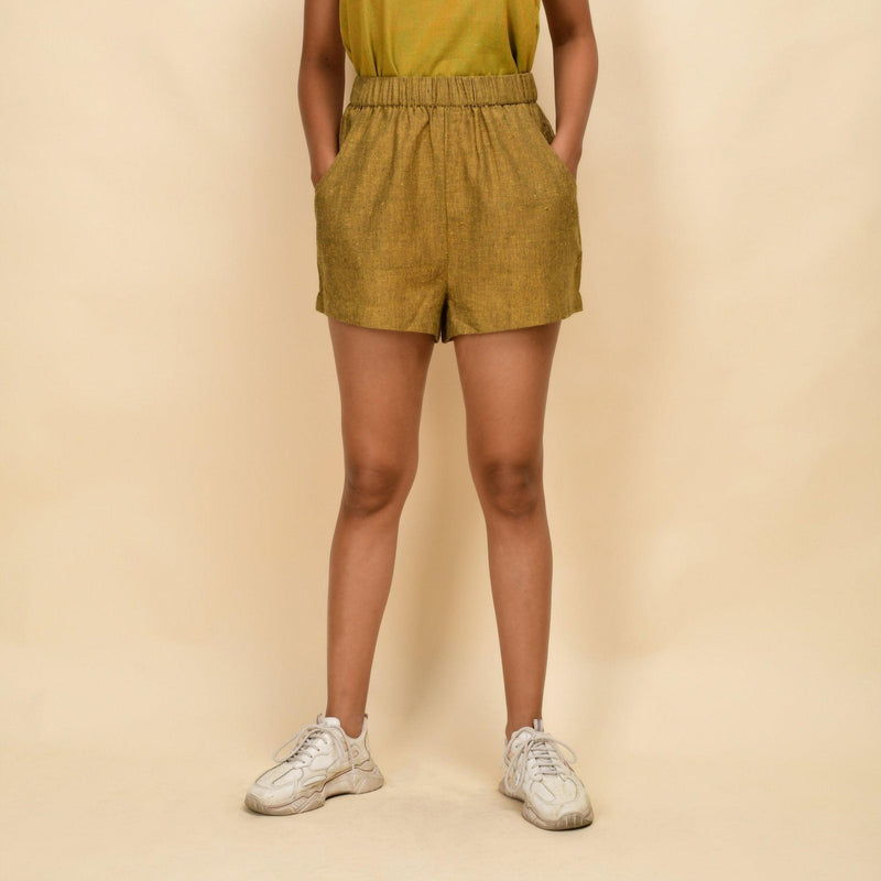 Front View of a Model wearing Musturd Gold 100% Cotton Khadi Short Shorts