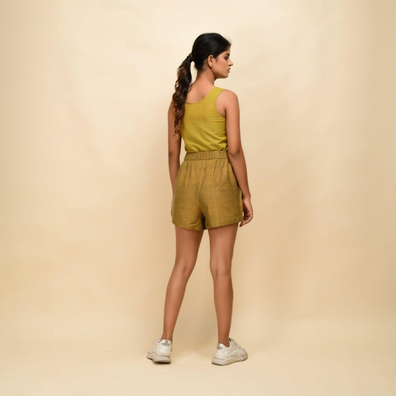 Back View of a Model wearing Musturd Gold 100% Cotton Khadi Short Shorts