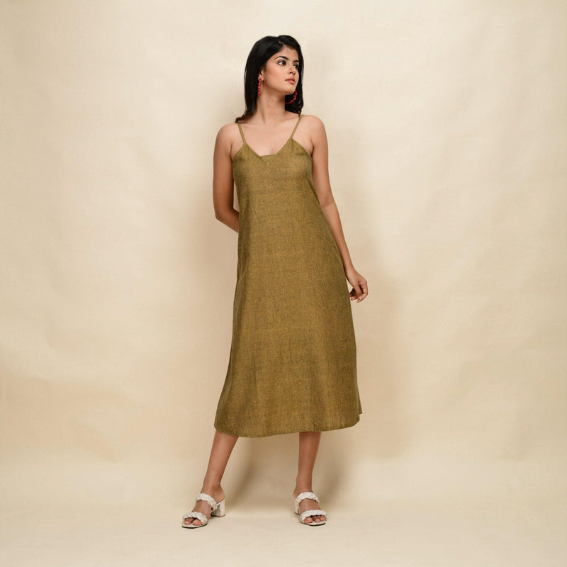 Front View of a Model wearing Mustard Gold 100% Cotton Khadi A-Line Dress