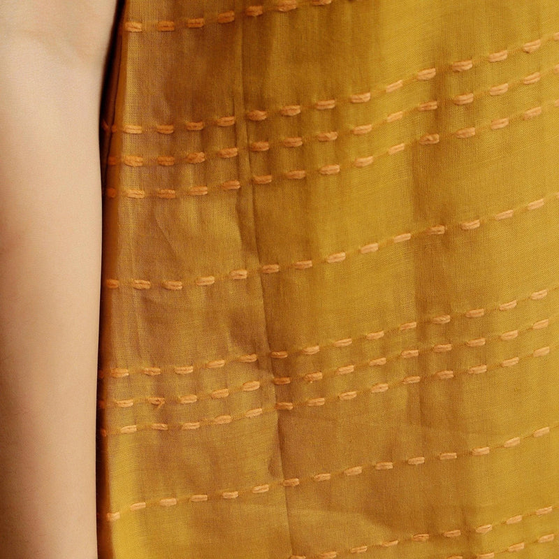 Close View of a Model wearing Mustard Cotton U-Neck Straight Top