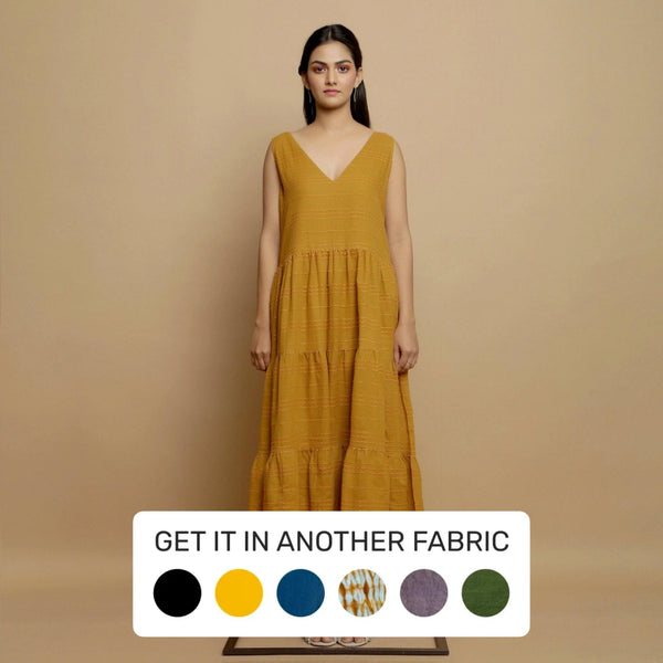 Buy Mustard Handwoven Cotton V-Neck Maxi Tier Dress Online at SeamsFriendly