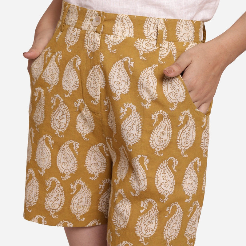 Front View of a Model wearing Bagru Block Print Mustard Straight Shorts