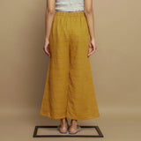 Back View of a Model wearing Mustard Paneled Striped Handwoven Pant