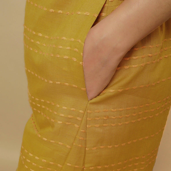 Left Detail of a Model wearing Mustard Paneled Striped Handwoven Pant