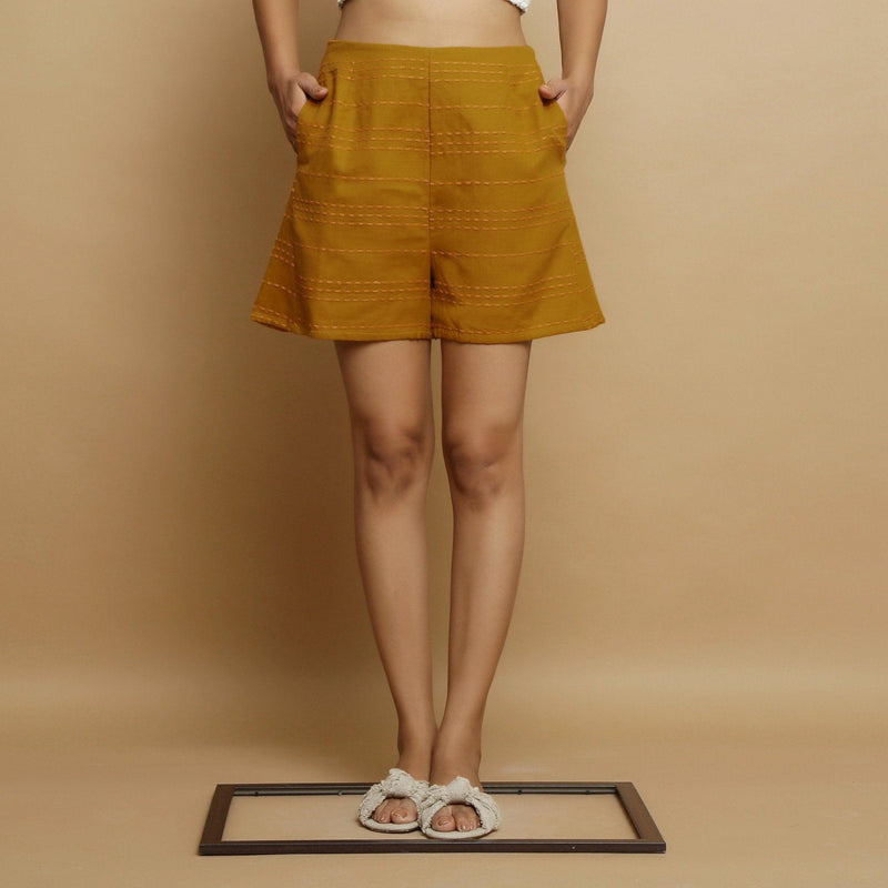 Front View of a Model wearing Striped Handwoven Flared Godet Shorts