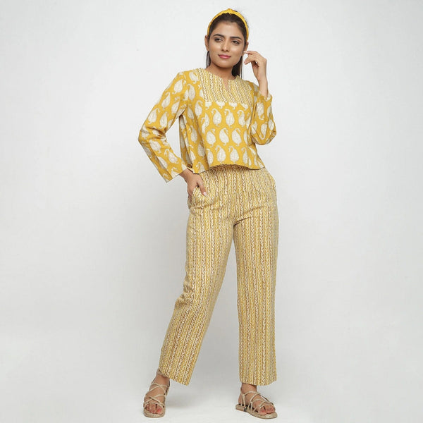 Front View of a Model wearing Mustard Bagru Block Print Straight Pant