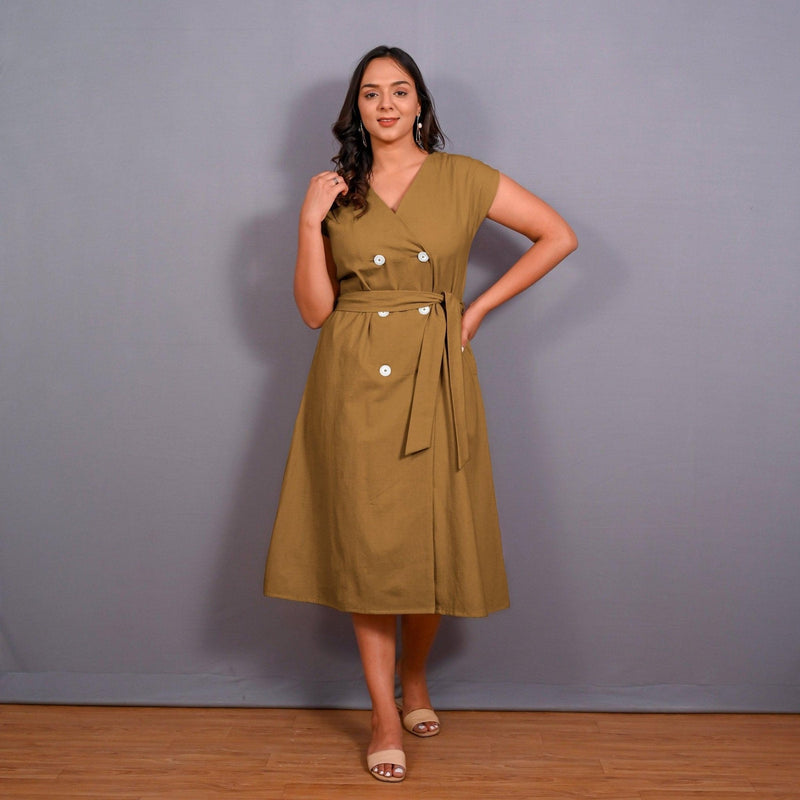 Mustard Warm Cotton Flannel Button-Down A-Line Midi Dress