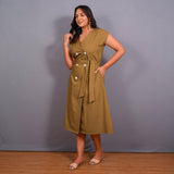 Mustard Warm Cotton Flannel Button-Down A-Line Midi Dress