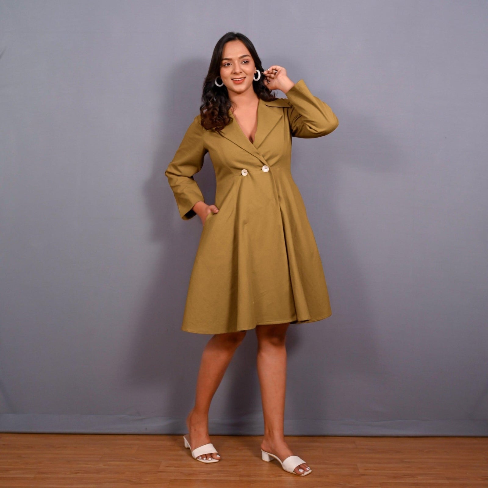 Mustard Warm Cotton Flannel Fit and Flare Knee Length Blazer Dress 44" / Custom Height (Free) Mustard Warm Cotton Flannel Fit and Flare Knee Length Blazer Dress 44" / Custom Height (Free)