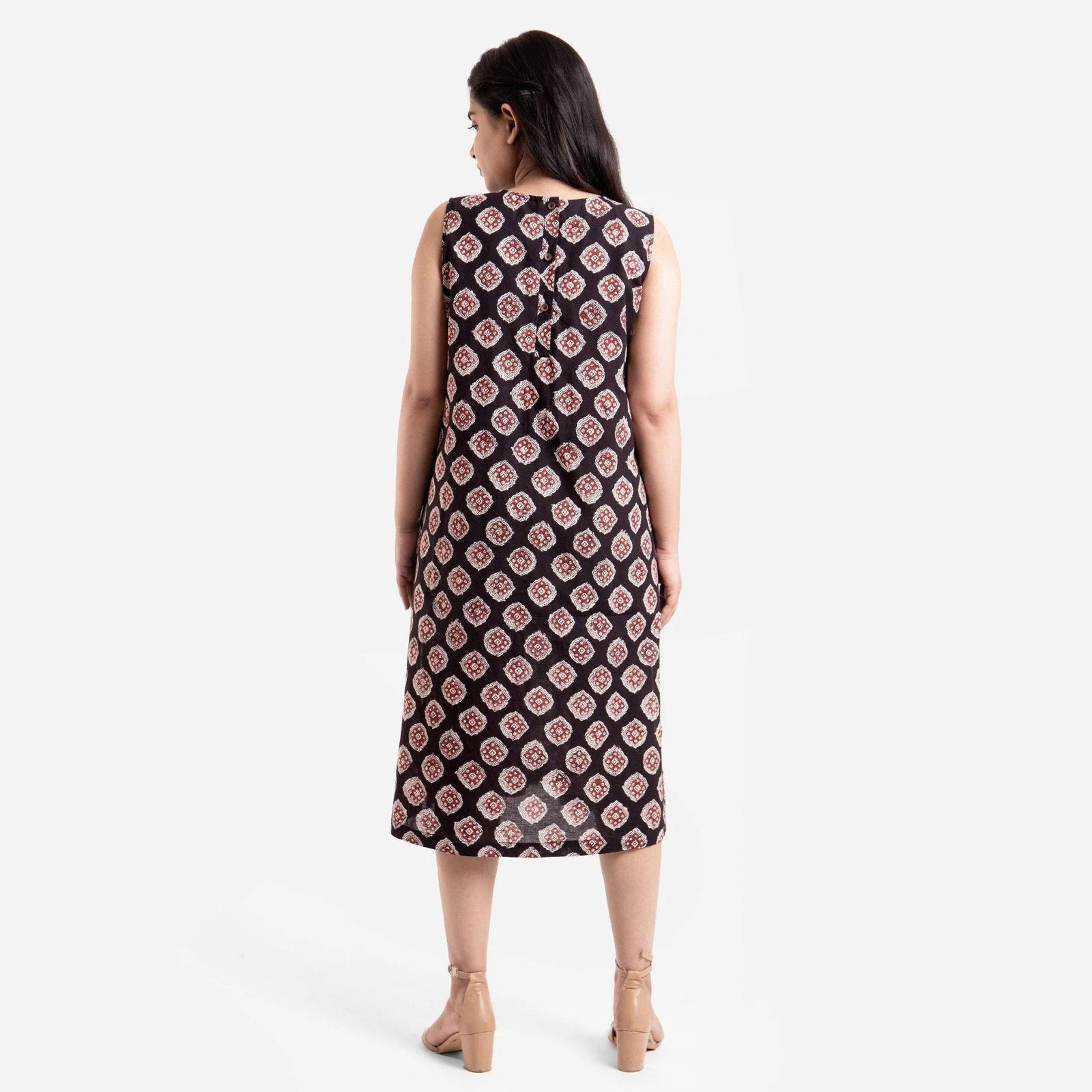 knee length dresses for ladies Hand Block Printed Hailey Midi Dress~ Orange – thejaipurart.com main image 0