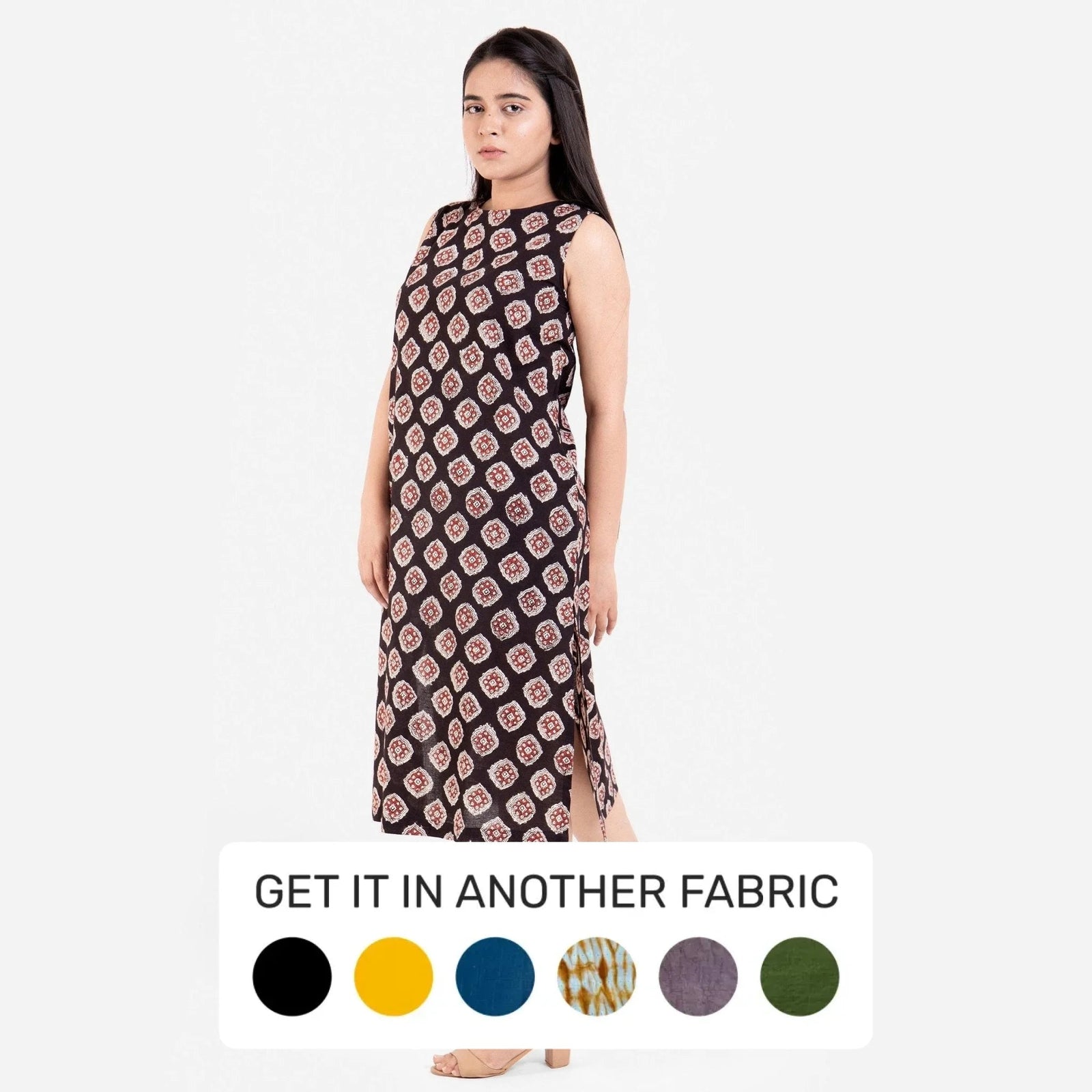midi shift dress pattern Natural Dyed Black Block Printed Cotton Midi Shift Dress