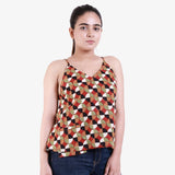 Front View of a Model wearing Natural Dyed Cotton Block Print Spaghetti Top