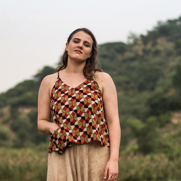 Front View of a Model wearing Welt Pocket Bagru Printed Spaghetti Top