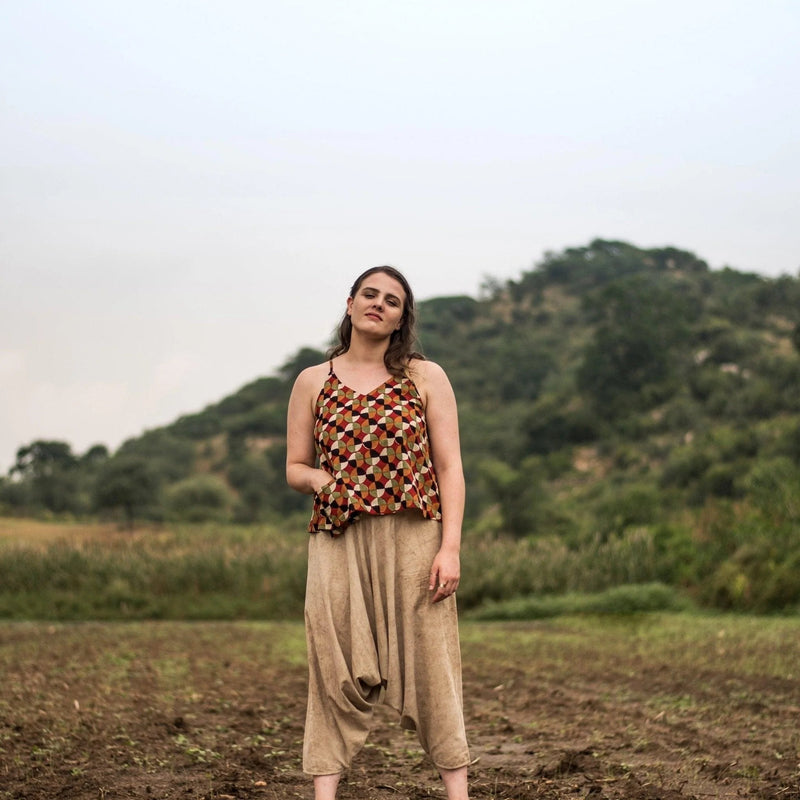 Front View of a Model wearing Natural Dyed Cotton Block Print Spaghetti Top