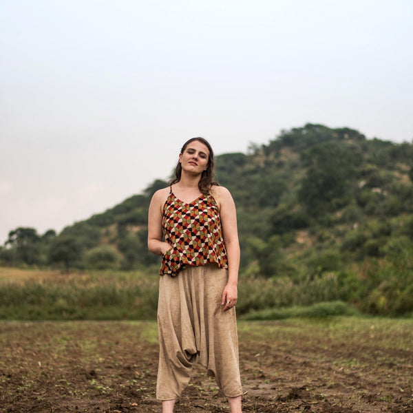 Front View of a Model wearing Welt Pocket Bagru Printed Spaghetti Top