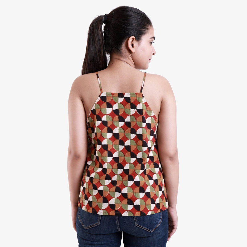 Back View of a Model wearing Welt Pocket Bagru Printed Spaghetti Top