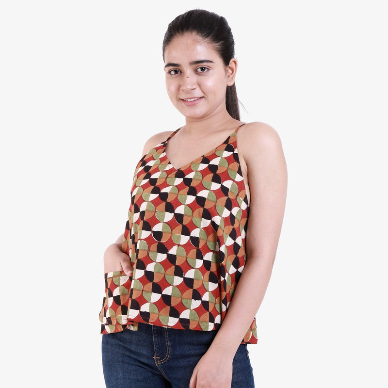 Left View of a Model wearing Welt Pocket Bagru Printed Spaghetti Top