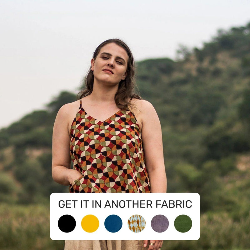 Front View of a Model wearing Natural Dyed Cotton Block Print Spaghetti Top