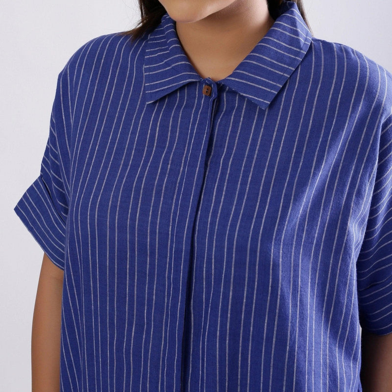 Front Detail of a Model wearing Navy Blue Azo-Free Dyed Shirt Dress