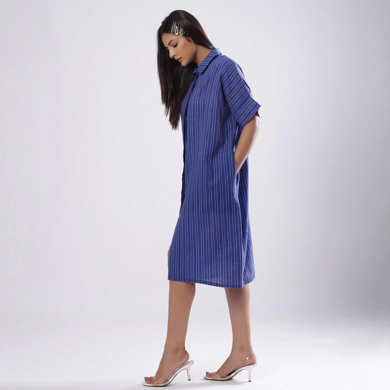 Left View of a Model wearing Navy Blue Azo-Free Dyed Shirt Dress