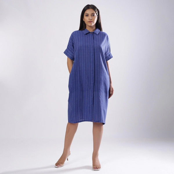 Front View of a Model wearing Navy Blue Azo-Free Dyed Shirt Dress