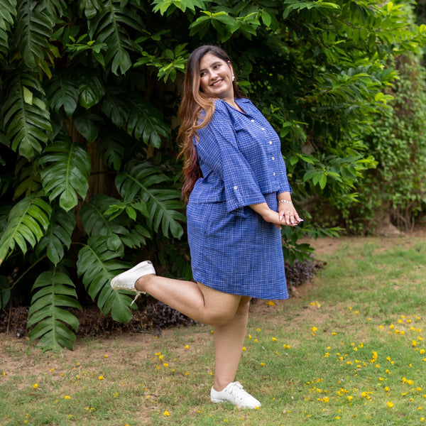 Navy Blue Checks Cotton Shirt and High-Rise Skort Co-ord Set