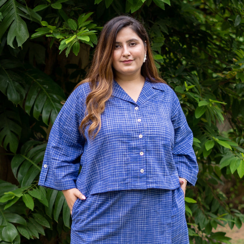 Navy Blue Checks Cotton Shirt and High-Rise Skort Co-ord Set