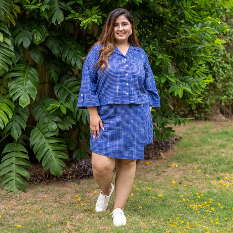 Navy Blue Checks Cotton Shirt and High-Rise Skort Co-ord Set