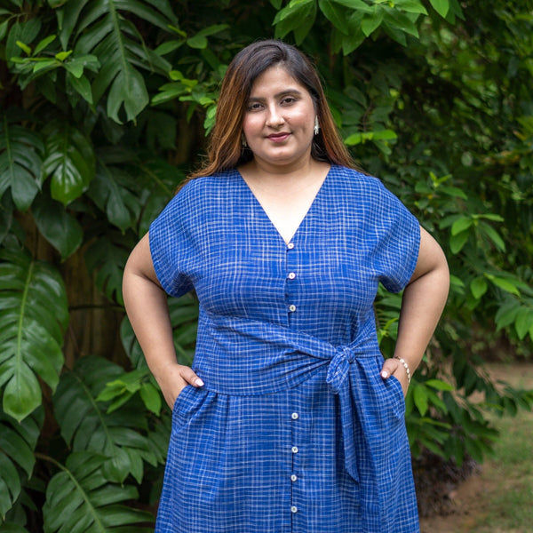 Navy Blue Checks Handspun Cotton A-Line Button-Down Midi Dress