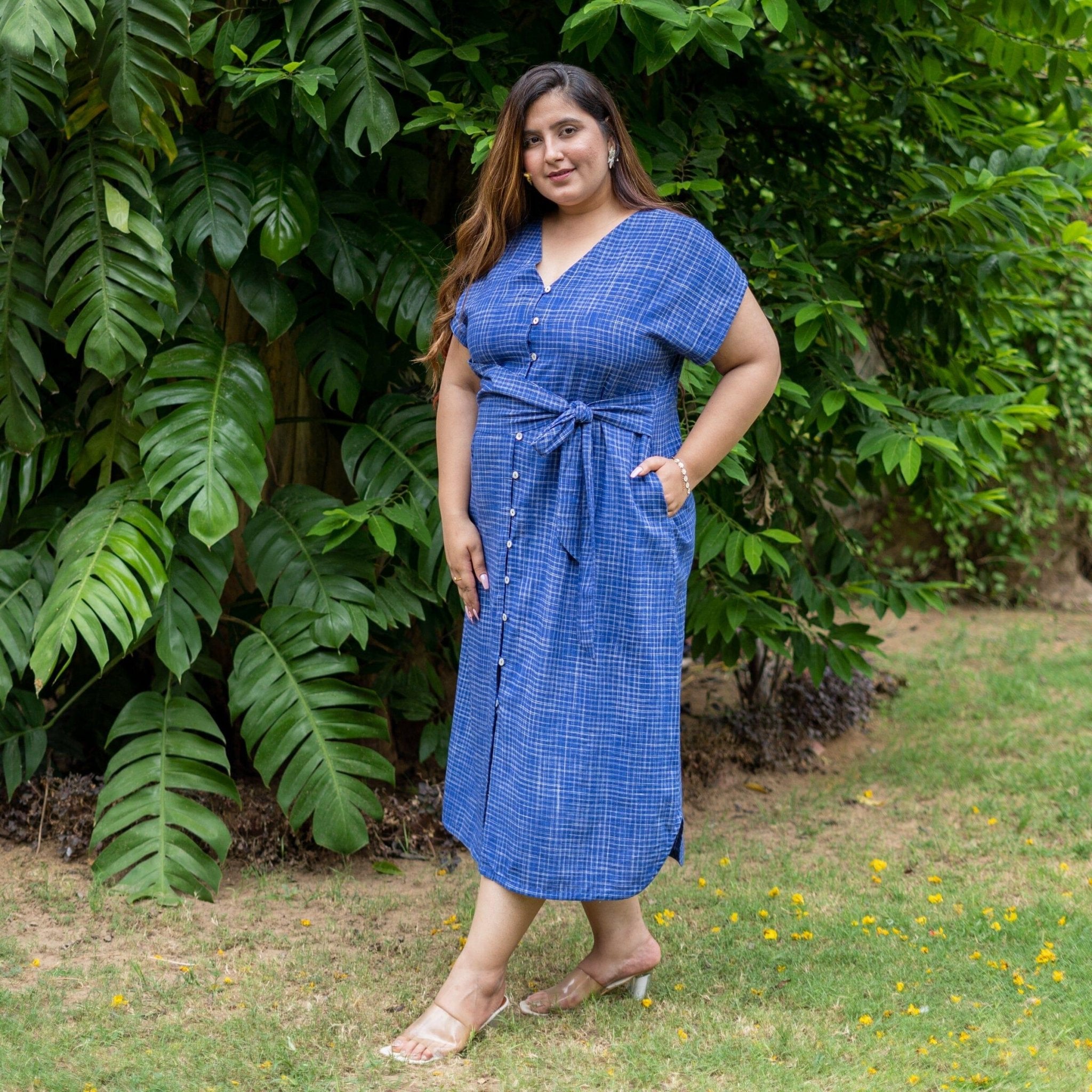 Buy Navy Blue Checks Handspun Cotton A-Line Button-Down Midi Dress