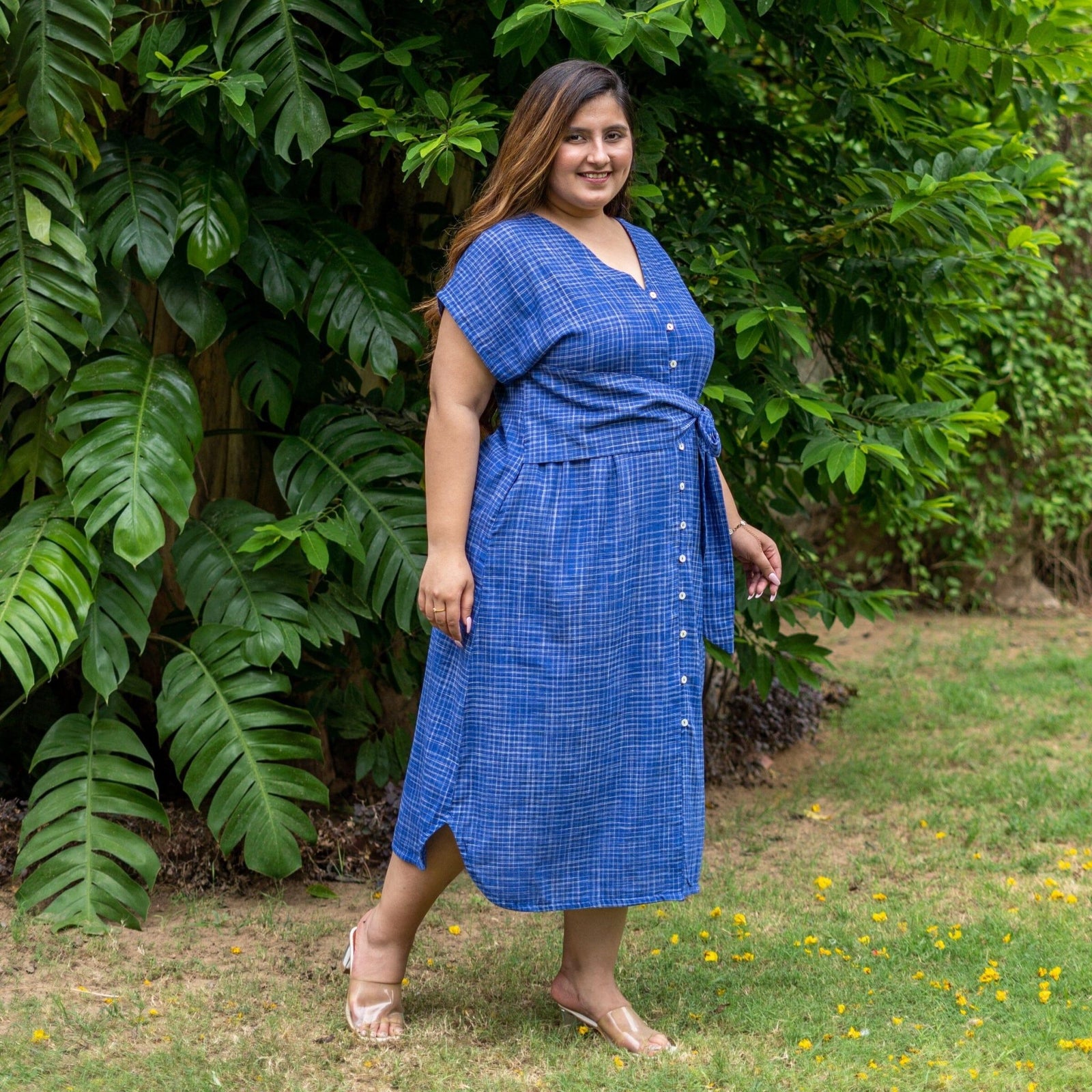 Navy Blue Checks Handspun Cotton A-Line Button-Down Midi Dress 42