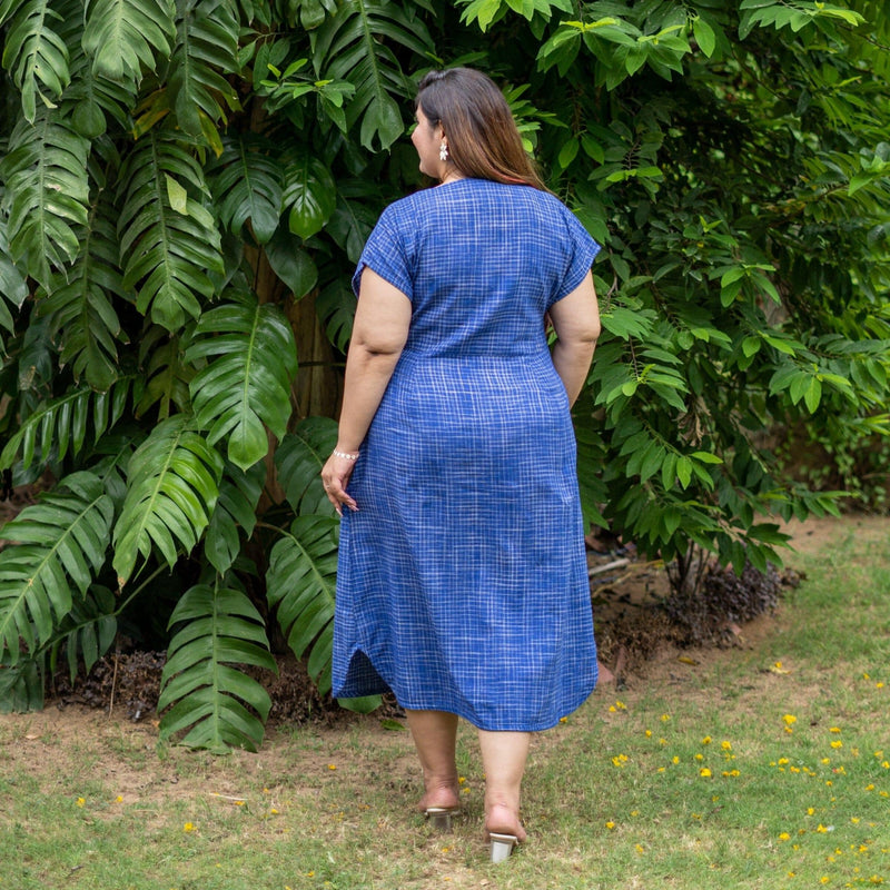 Navy Blue Checks Handspun Cotton A-Line Button-Down Midi Dress 40" / Petite (5'1" and below) Navy Blue Checks Handspun Cotton A-Line Button-Down Midi Dress 40" / Petite (5'1" and below)