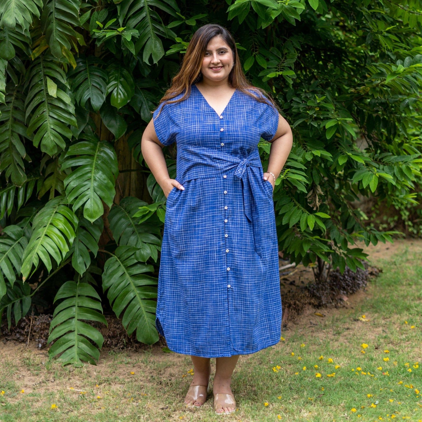 Navy Blue Checks Handspun Cotton A-Line Button-Down Midi Dress 42" / Tall (5'7" and above) Navy Blue Checks Handspun Cotton A-Line Button-Down Midi Dress 42" / Tall (5'7" and above)