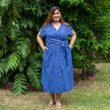 Navy Blue Checks Handspun Cotton A-Line Button-Down Midi Dress