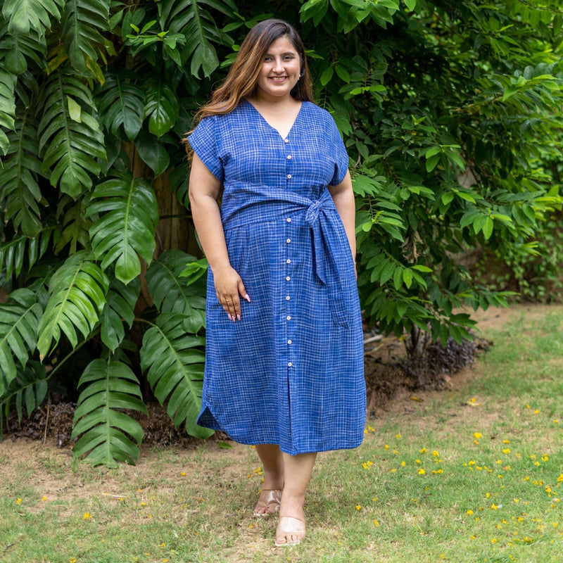 Navy Blue Checks Handspun Cotton A-Line Button-Down Midi Dress