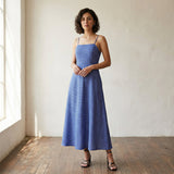 Navy Blue Checks Handspun Cotton Ankle Length Flared Sundress